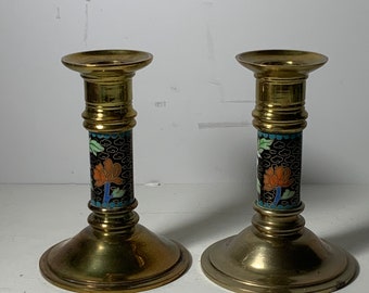 Set of 2 Vintage Williamsburg Pottery Cloisonné Brass Candlesticks 4.5 in.