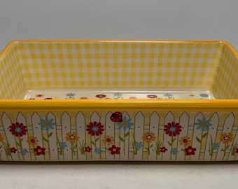 Cazuela de gres amarillo Temp-Tations Gingham Gardens de 2,5 cuartos