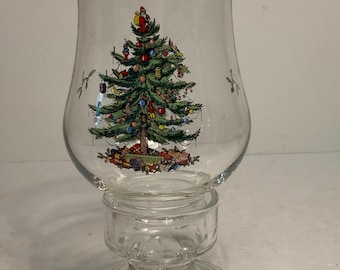 Vintage Spode Christmas Tree Glass Hurricane Candleholder 8 in.