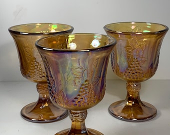 Set of 3 Vintage Indiana Glass Gold Carnival Glass Harvest Grape Pattern Goblets 5.25 in.