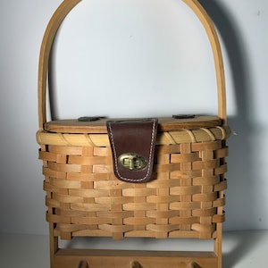 Vintage Oak Wicker Basket with Wooden Pegs & Hinged Top Basket Rare 14 in.