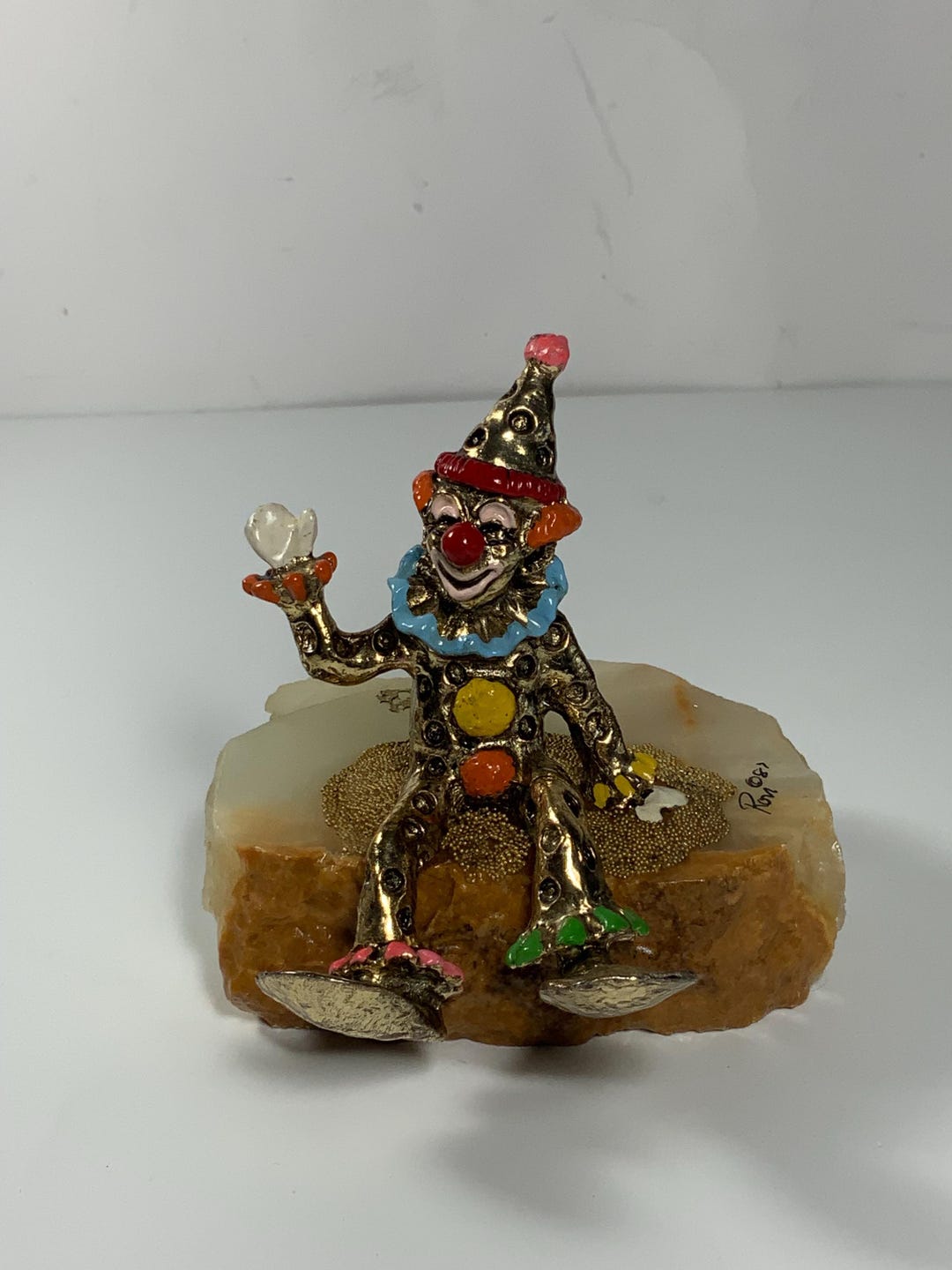 他の方発送×イタリア製【STUDIO CELLINI】 Bronze Clown Vintage 1987 Ron Lee Brass Clown on an Onyx Base Signed 4.5 In