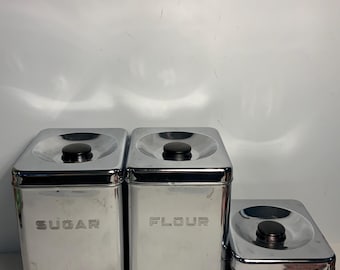 Set of 3 Vintage 1970s Lincoln BeautyWare Stainless Steel Coffee Sugar Flour Canisters