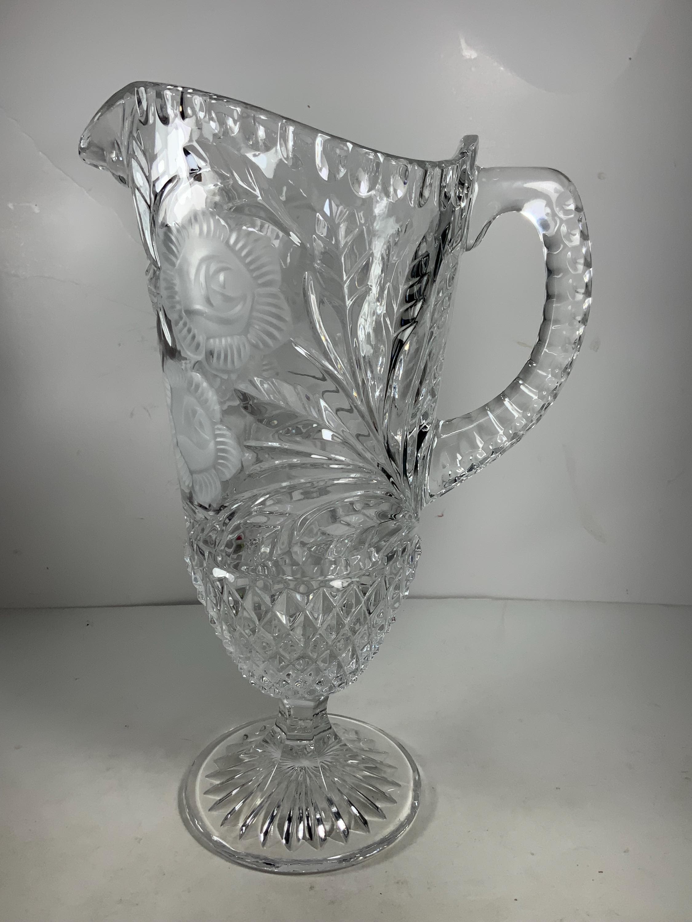 Vintage Anna Hutte Bleikristall Crystal Rose Pedestal Pitcher 12.5