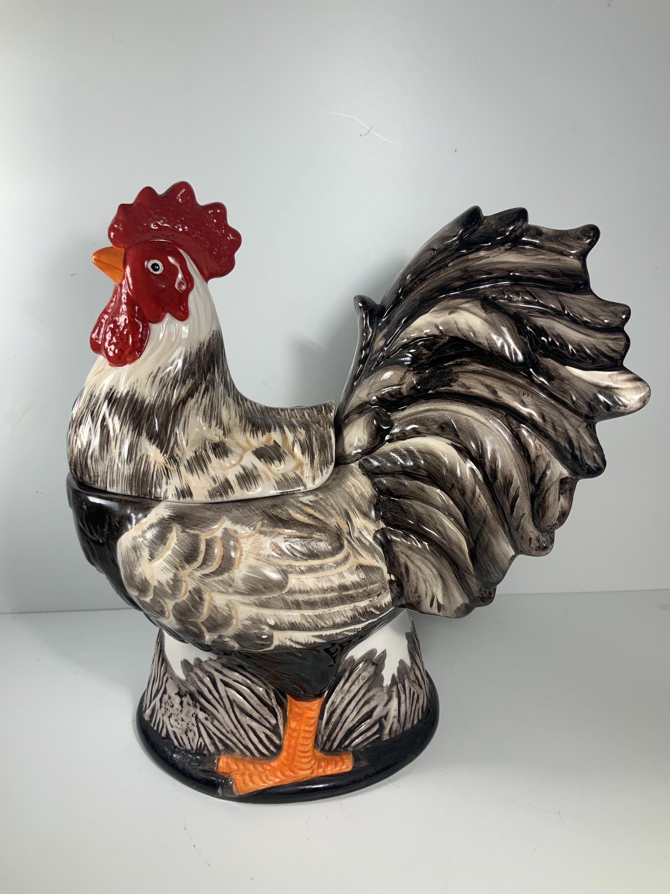 Vintage Cracker Barrel Black Gray Ceramic Rooster Cookie Jar