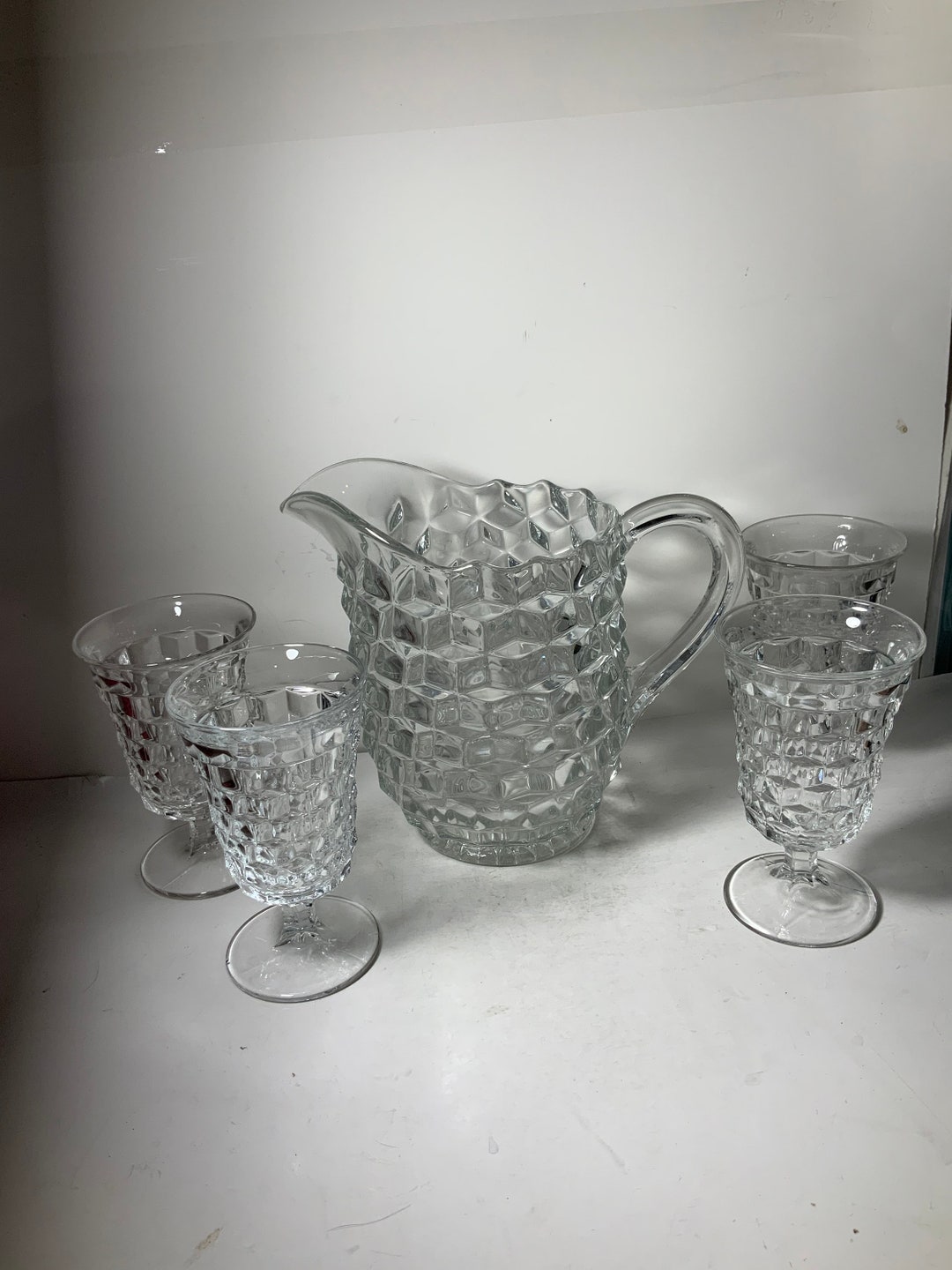 Vintage Fostoria American Cubist Glass Water Pitcher & 4 Glasses - Etsy
