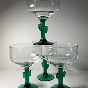 Set of 4 Libbey Glass Green Cactus Stemmed Margarita Glasses