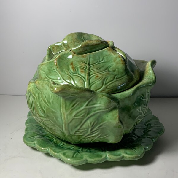 Vintage 1977 Holland Mold Ceramic Cabbage Tureen & Plate 8 in.