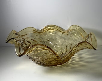 Vintage UCAGCO Italy Amber Glass Hand Blown Ruffle Bowl 10 in.