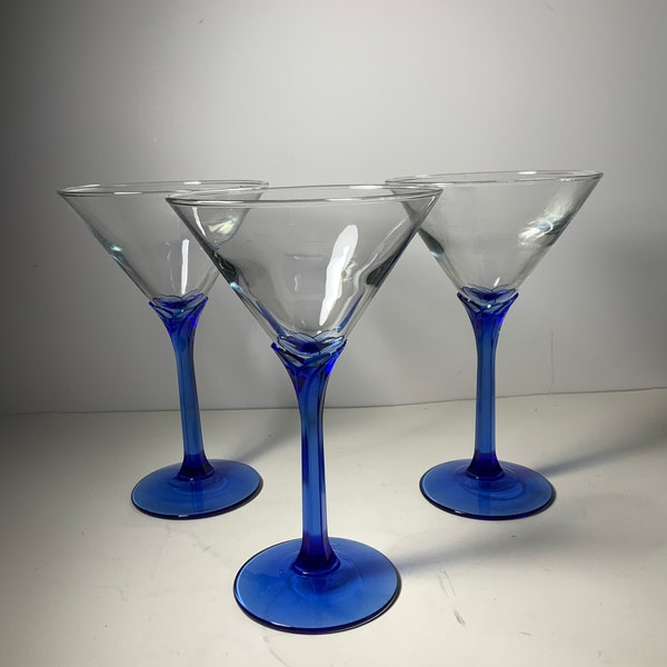 Set of 3 Libbey Domaine Blue Stem Martini Glasses 7 in.