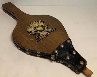 Vintage Wood & Leather Sailboat Deign Fireplace Bellows 17 in.