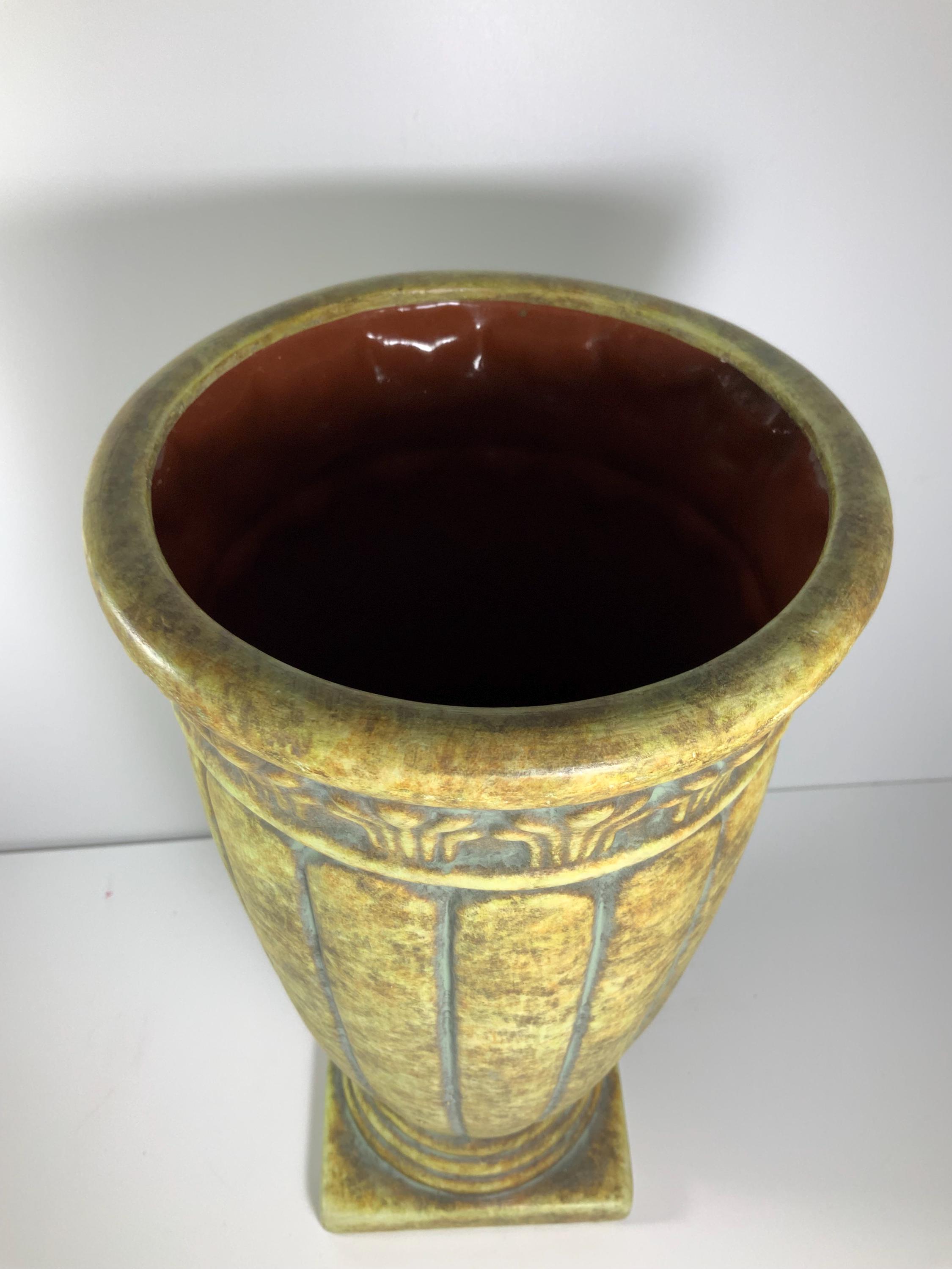 ヴィンテージ イエロー 陶器 台座付き 壷 花瓶/プランター 13 インチ