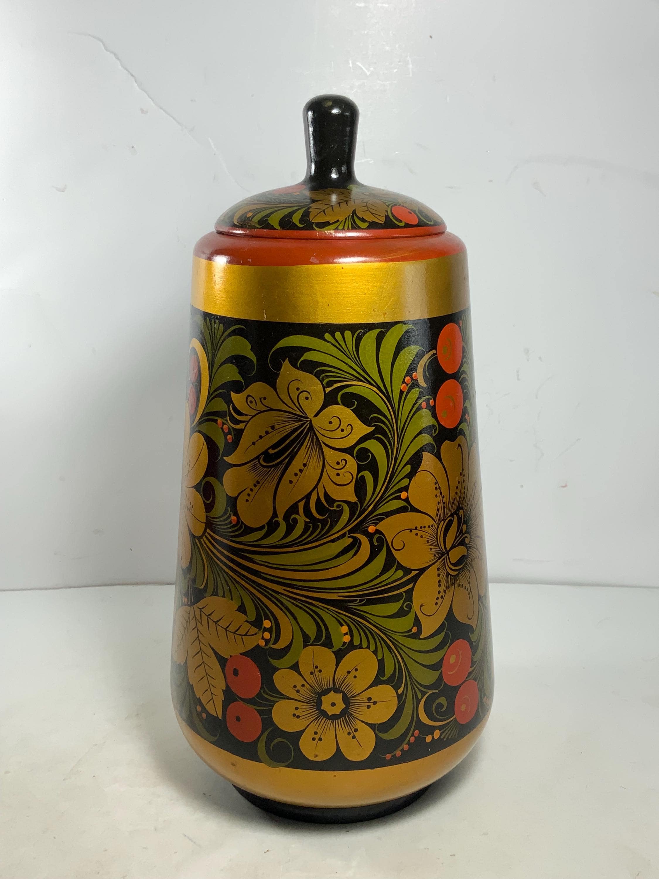 Vintage Khokhloma Hohloma Russian Folk Art Wooden Jar 11.5 In. - Etsy