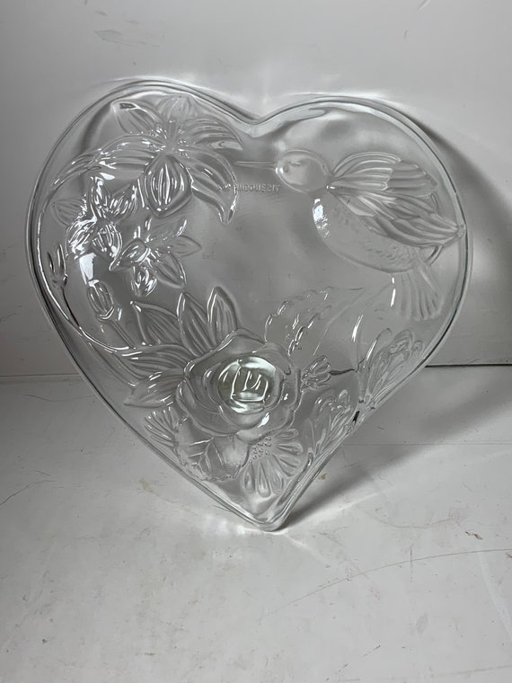 Vintage Hummingbird Heart Glass Trinket Dish Made… - image 2