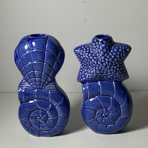 Peut inclure: Deux vases en céramique bleus en forme de coquillages. Un vase est en forme d'étoile de mer et l'autre en forme de coquille de nautile.