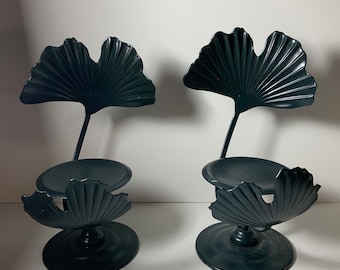 Set of 2 Black Iron Lotus Flower Table Top Pillar Candleholders 9 in.