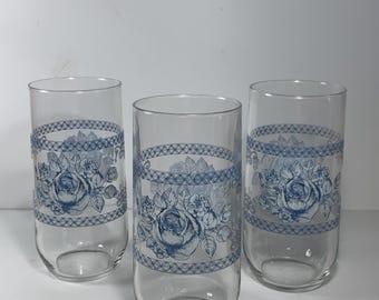 Set of 3 Honorine by Arcopal Blue & White Glass Tumblers 5.75 in.