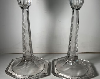 Set of 2 Antique Victorian Cut Crystal Candlesticks 9 in.