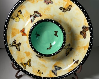 Vintage Kiwi Studio by Bill Smith Butterfly Ceramic Chip & Dip Bowl 12 in.