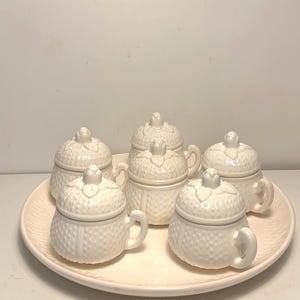 Antique French Creamware Strawberry Pots de Creme Cups and Tray- 6 Cups & 1 Tray