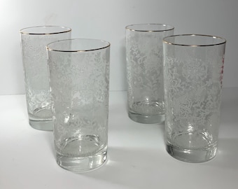 Set of 4 Vintage Libbey Floral Lace & Gold Glass Tumblers 5.5 in.