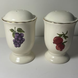 Vintage Porcelain Salt & Pepper Shakers Ivory with Gold Rim Apple and Grape