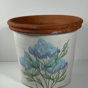Può includere: Un vaso in ceramica bianca con un bordo in terracotta, con un design dipinto a mano di fiori blu e verdi.