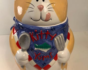Vintage Collectible Kitty Cat “Kitty Yums” Sushi Cat Ceramic Cookie Jar 10 in.