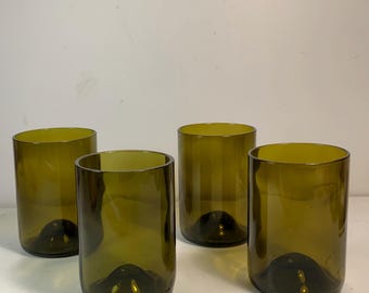 Set of 4 Libbey Repurposed Olive Green Glass Wine Bottle Tumblers 4 in.