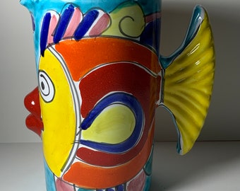 Vintage Majolica Terracotta Hand Glazed Fish Pitcher Pier 1 Imports 7.5 in.