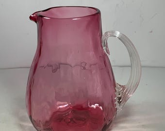 Vintage 1950s Pilgrim Glass Hand Blown Cranberry Glass Small Pitcher with Clear Handle 5.5 in.