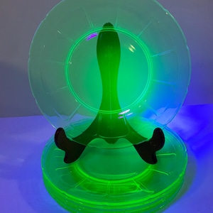 Op de afbeelding: Een stapel van zes neon groene glazen borden met een geschulpte rand, tentoongesteld op een groene bordenstandaard. De borden en de standaard gloeien helder. De borden hebben een diameter van ongeveer 23 cm.