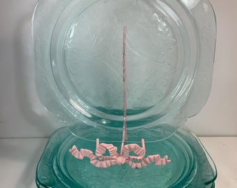Set of 5 Vintage Indiana Glass Recollection Madrid Pattern Teal Glass 10.5 inch Dinner Plates