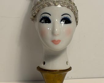 RARE Vintage Porcelain Doll Head Bottle Stopper with Metal Cork Base 5 in.