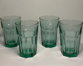 Juego de 4 vasos planos vintage raros de 8 paneles de vidrio verde español Libbey de 5,25 pulgadas.
