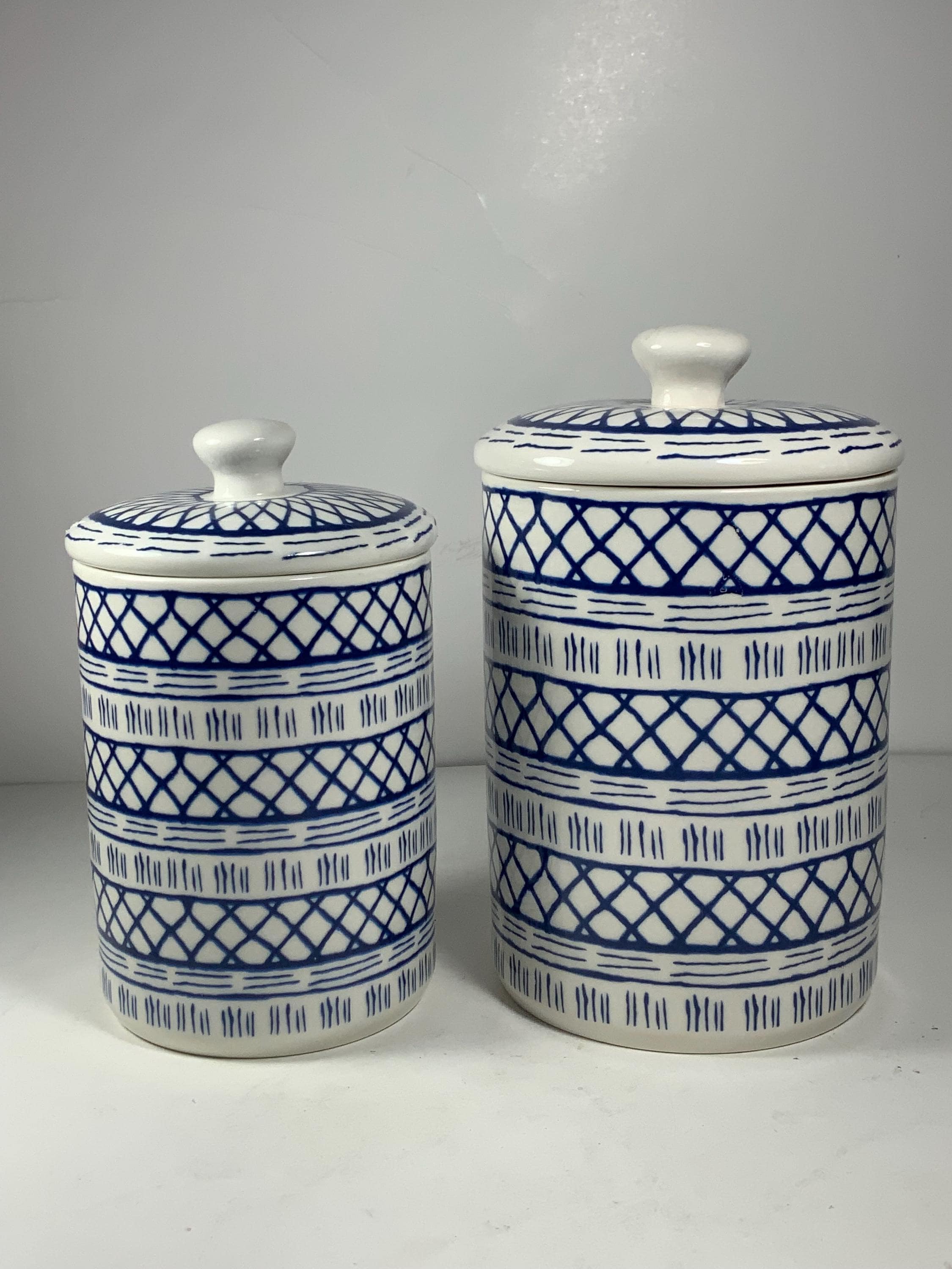 Set of 2 Ten Strawberry Street Indigo & White Stoneware Canisters
