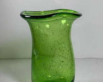 Vintage Hand Blown Green Pinched Glass Vase 6 in.