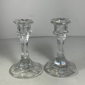 Set of 2 Vintage Libbey Iridescent Glass Candlestick Holders 5 in.
