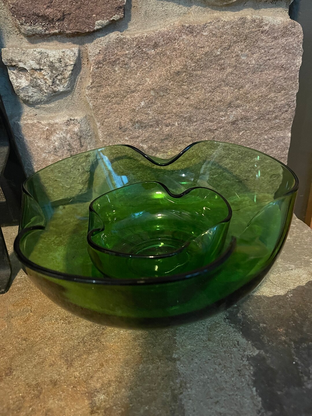 Vintage Anchor Hocking Chip & Dip Glass Bowl Set Emerald Green Etsy