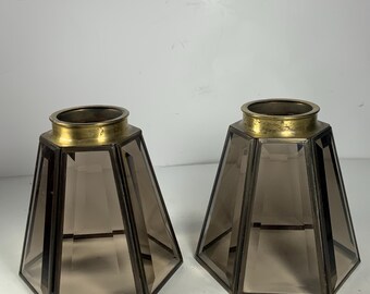 Set of 2 Vintage Brass Beveled Amber Glass Six Panel Globes 4.75 in.