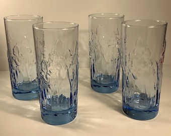 Set of 4 Vintage Libbey Embossed Iris Ice Blue Glass Tumblers 6.5 in.