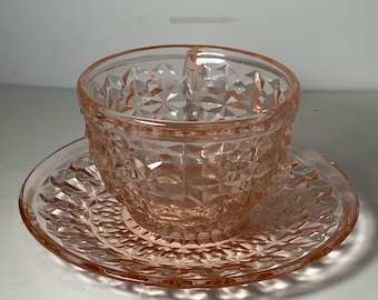 Vintage 1940s Jeannette Glass Co. Pink Depression Glass Buttons & Bows Cup and Saucer