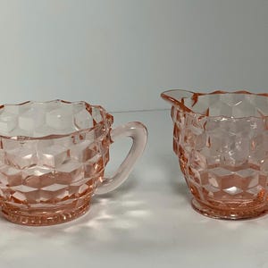 Vintage Jeannette Glass Pink Cubist Glass Creamer & Sugar Set