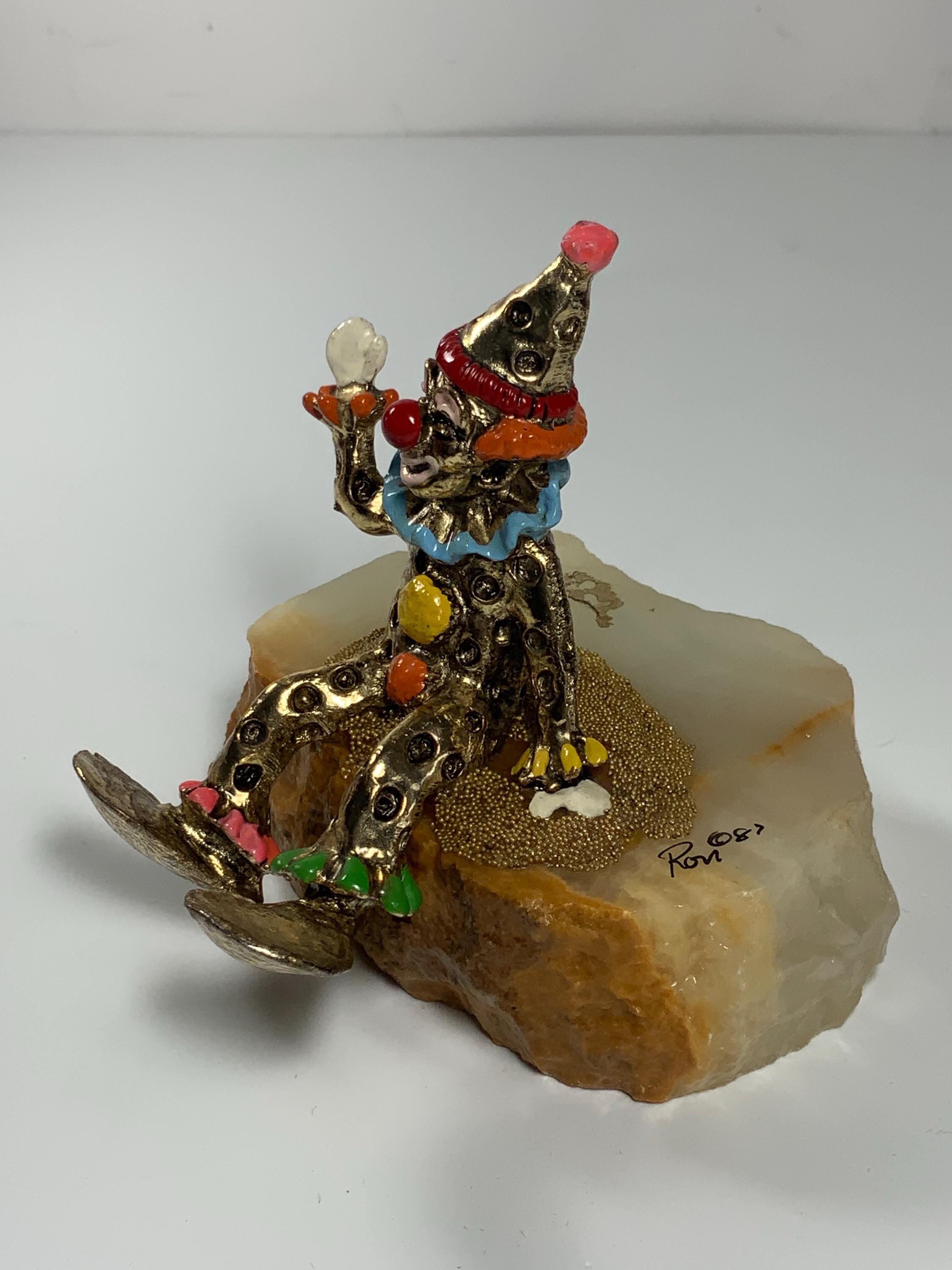 Vintage 1987 Ron Lee Brass Clown on an Onyx Base Signed 4.5 In