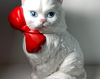 Vintage White Persian Cat with Red Bow Ceramic Cookie Jar Rare 11.5 in.