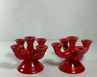 Set of 2 Vintage CCCC Japan Red Ceramic 5 Finger Candelabras 3.5 in.