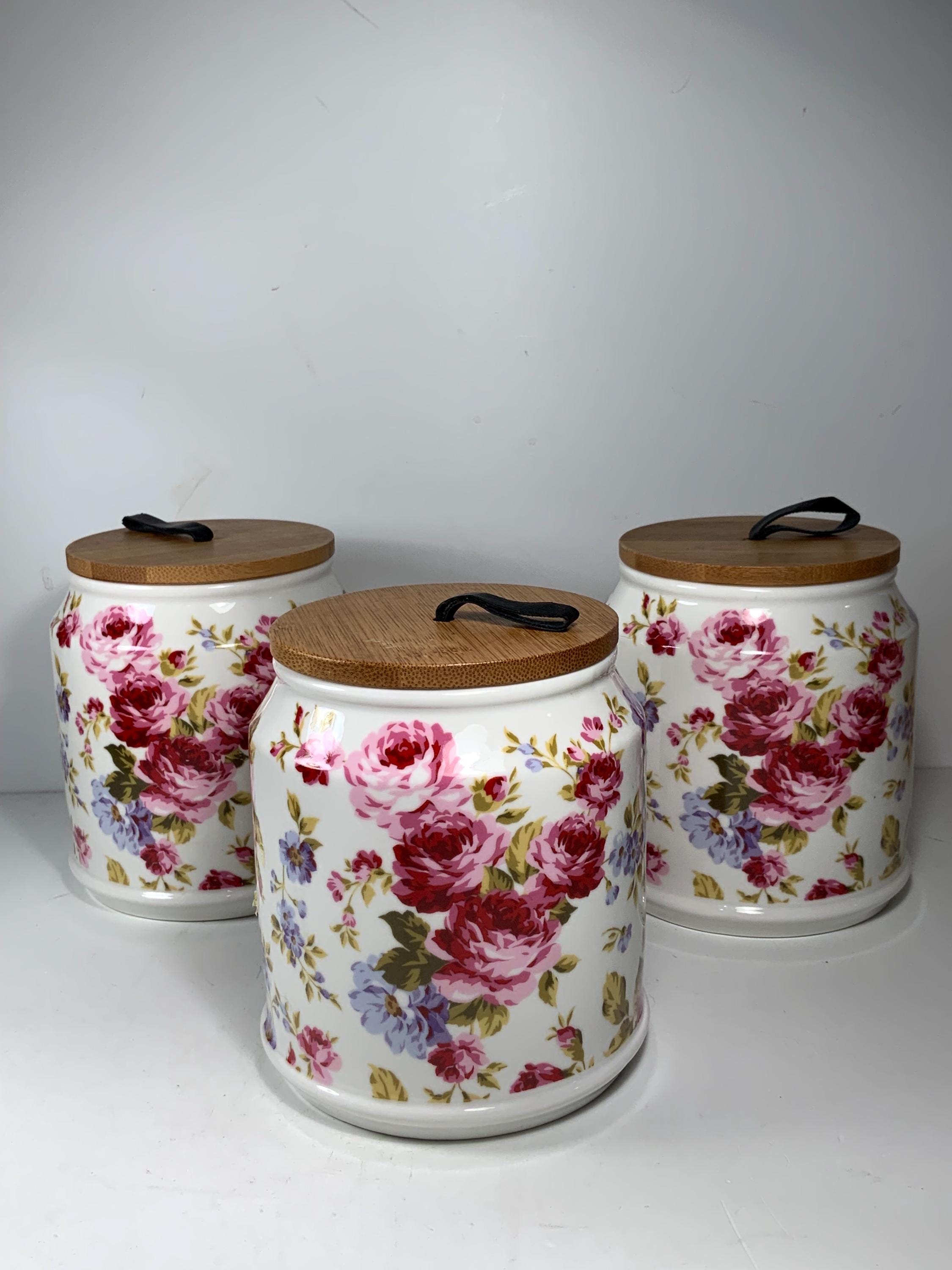 花柄陶器キャニスター3個セット ベイビーわるきゅーれドラマタイアップ品 GARO 薔薇の花の陶器製