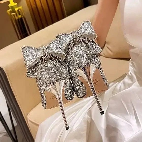 ALMUDENA Bling Bling Crsytal High Heel Pumps Silver Red Glittering Wedding  Shoes Pointed Toe Shallow Rhinestone
