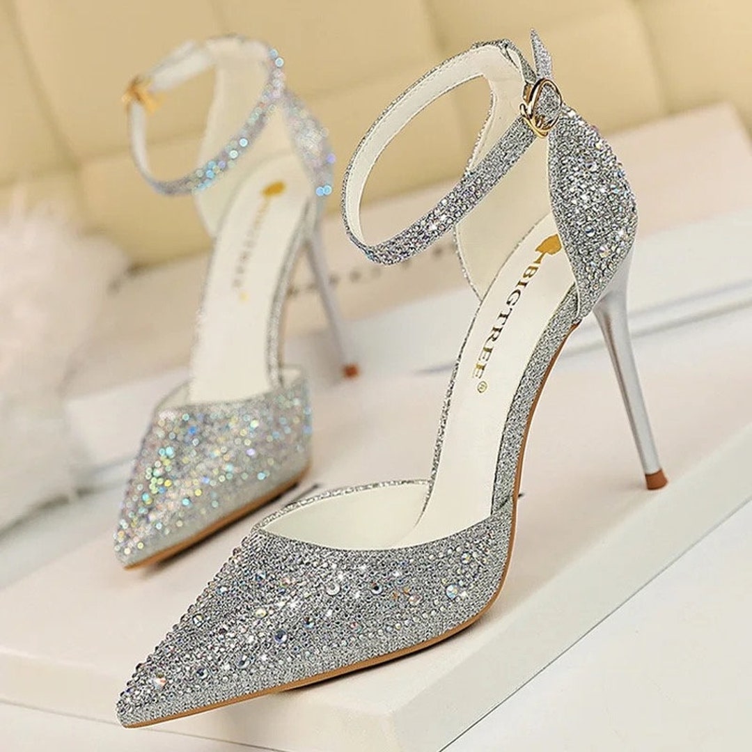 silver rhinestone chunky heels