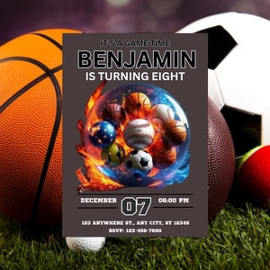 Sports Birthday Invitation Template, Sport Invitation, All Star Sports Invite, Baseball Basketball Football Invitation, Sports Theme, Canvas
